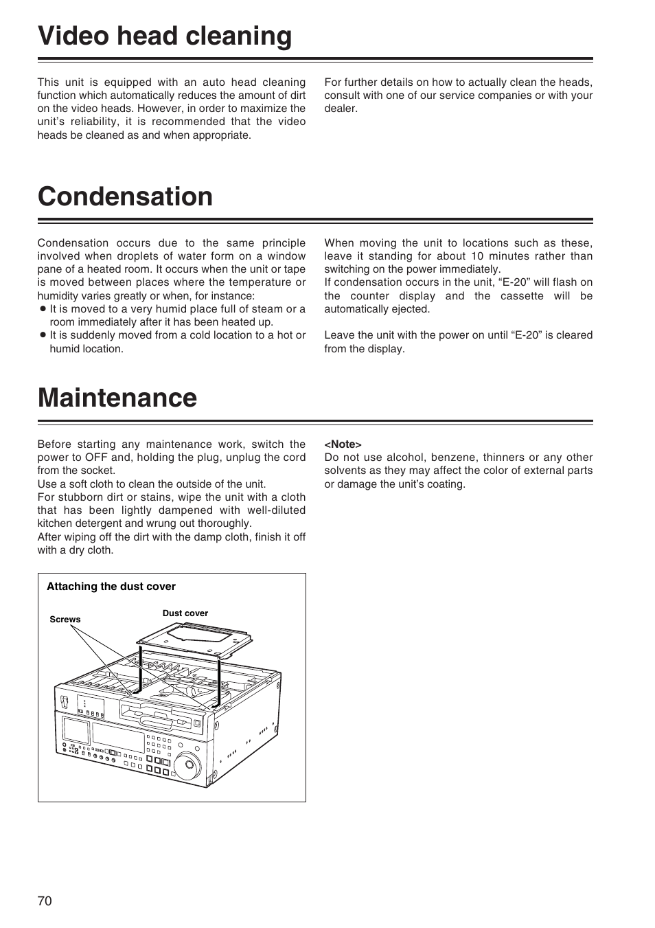 Video head cleaning, Condensation, Maintenance | Panasonic AJ-SD965P User Manual | Page 70 / 86