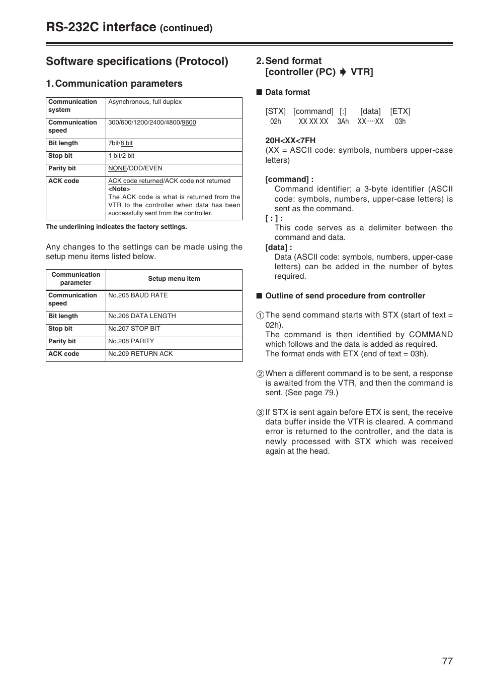 Rs-232c interface, Software specifications (protocol), Communication parameters | Continued), Send format [controller (pc) 5 vtr | Panasonic AJ-SD965P User Manual | Page 77 / 86