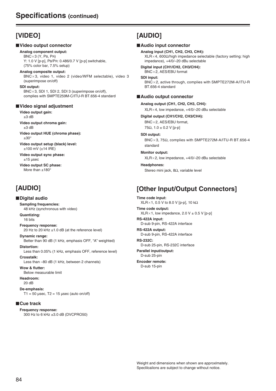 Specifications, Video, Audio | Other input/output connectors, Continued) | Panasonic AJ-SD965P User Manual | Page 84 / 86