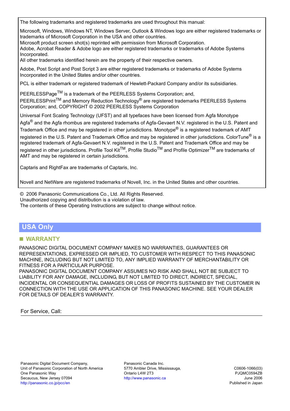 Usa only, Warranty | Panasonic DP-C213 User Manual | Page 100 / 100