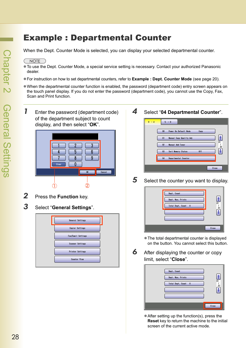 Example : departmental counter, Chapter 2 general settings | Panasonic DP-C213 User Manual | Page 28 / 100
