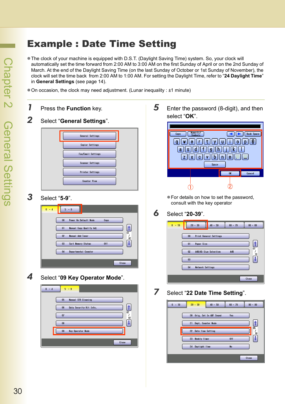 Example : date time setting, Chapter 2 general settings | Panasonic DP-C213 User Manual | Page 30 / 100