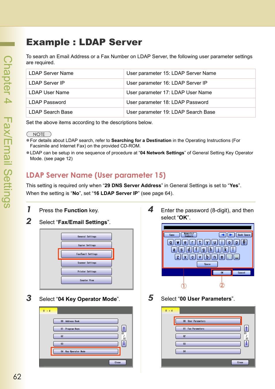 Example : ldap server, Ldap server name (user parameter 15), Chapter 4 fax/email settings | Panasonic DP-C213 User Manual | Page 62 / 100