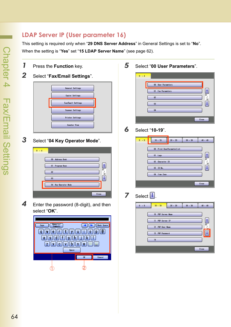 Ldap server ip (user parameter 16), Chapter 4 fax/email settings | Panasonic DP-C213 User Manual | Page 64 / 100