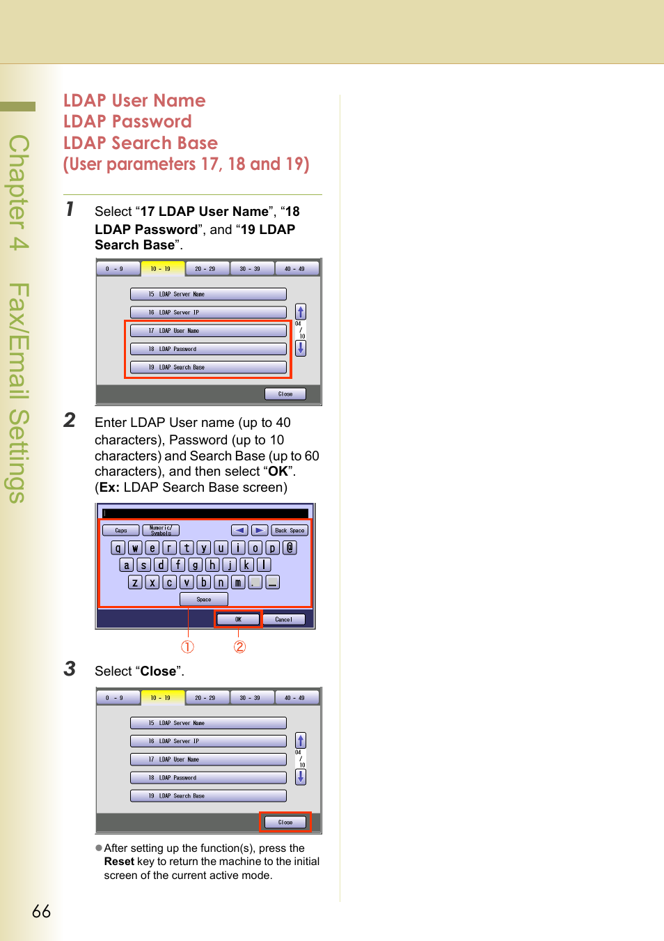 Ldap user name, Ldap password, Ldap search base | User parameters 17, 18 and 19), Chapter 4 fax/email settings | Panasonic DP-C213 User Manual | Page 66 / 100