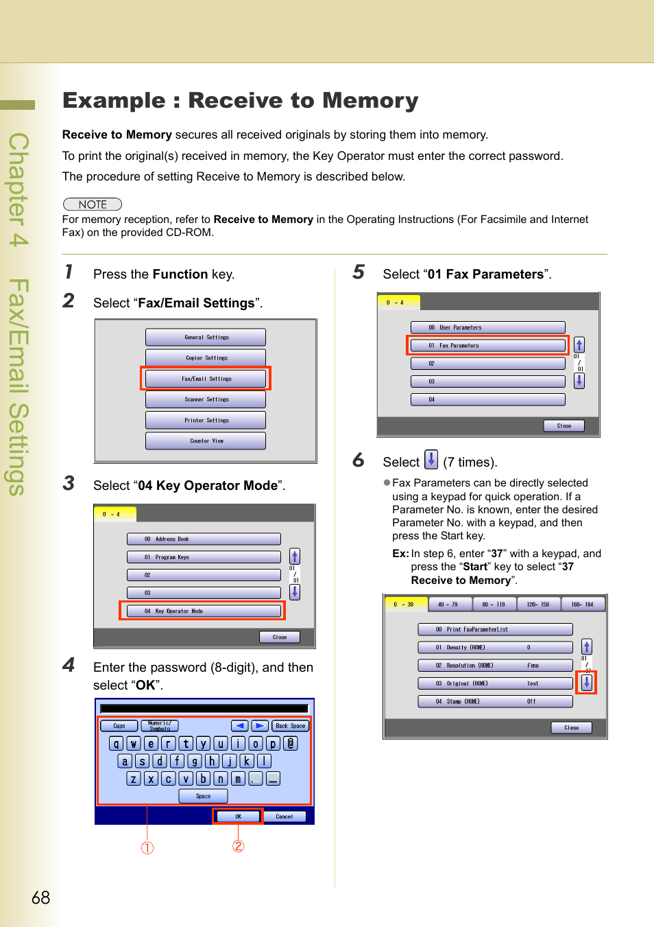 Example : receive to memory, Chapter 4 fax/email settings | Panasonic DP-C213 User Manual | Page 68 / 100
