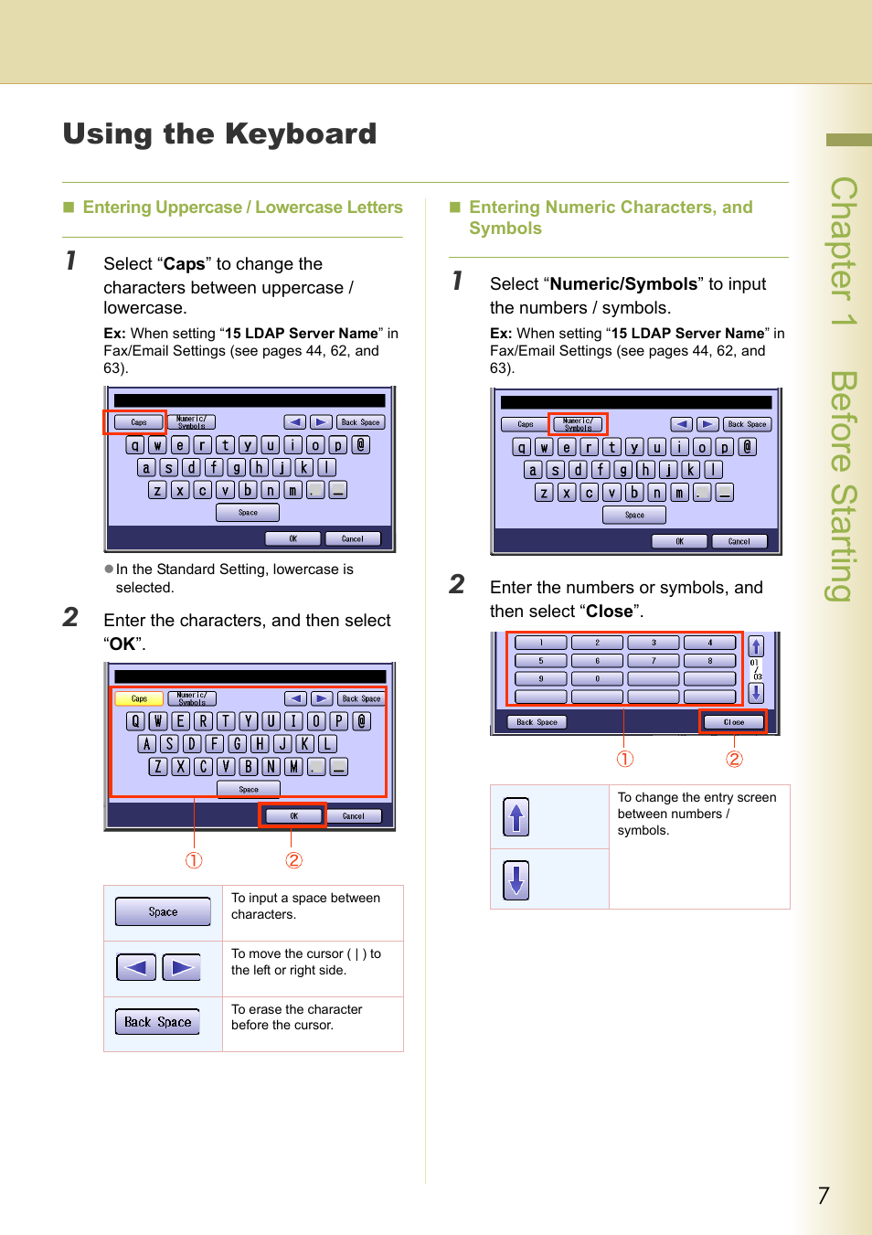 Using the keyboard, Cha pter 1 before star ting | Panasonic DP-C213 User Manual | Page 7 / 100