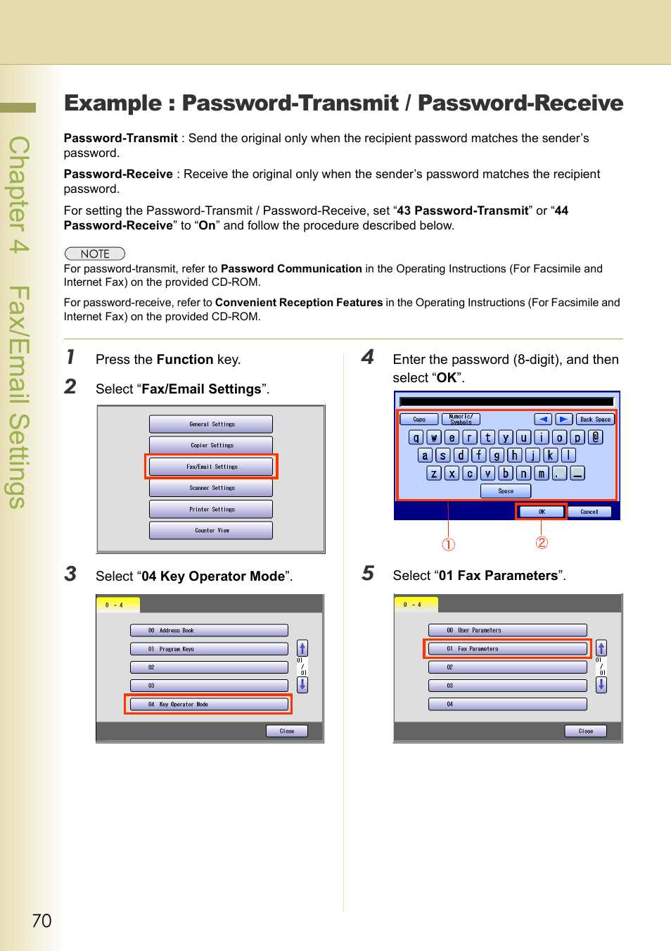 Example : password-transmit / password-receive, Chapter 4 fax/email settings | Panasonic DP-C213 User Manual | Page 70 / 100
