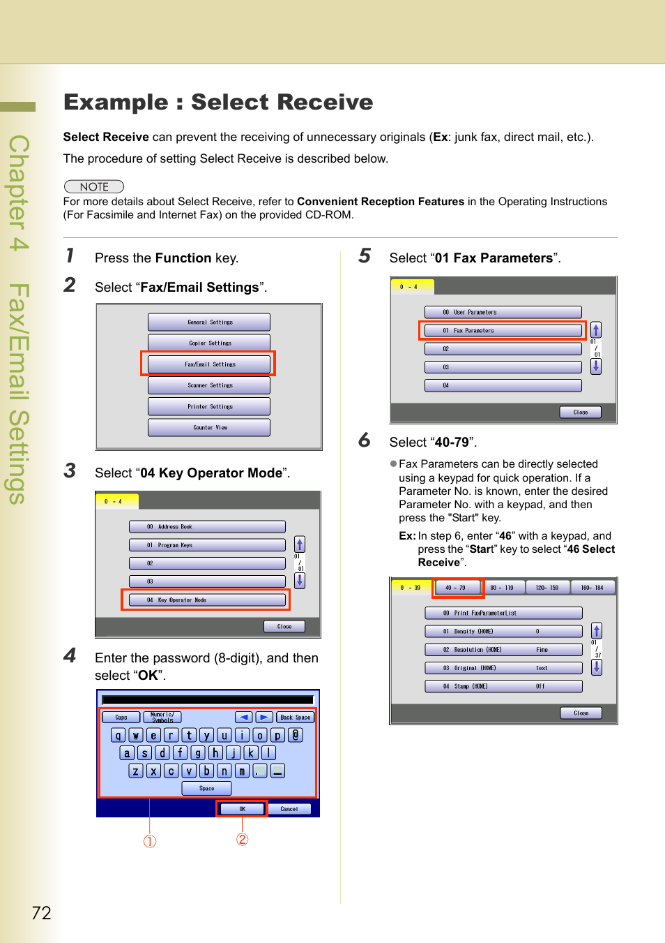 Example : select receive, Chapter 4 fax/email settings | Panasonic DP-C213 User Manual | Page 72 / 100