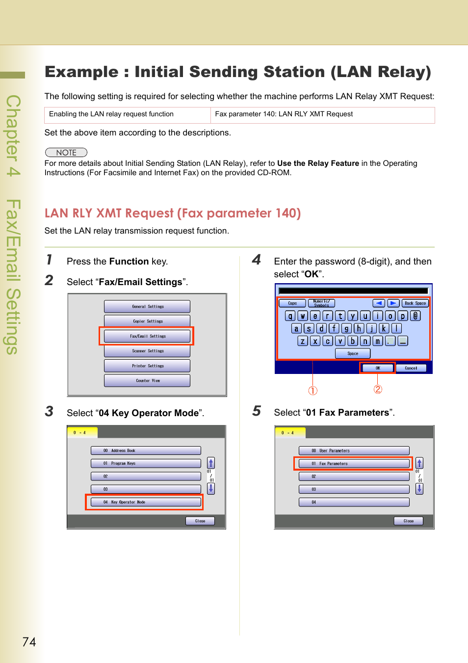 Example : initial sending station (lan relay), Lan rly xmt request (fax parameter 140), Chapter 4 fax/email settings | Panasonic DP-C213 User Manual | Page 74 / 100