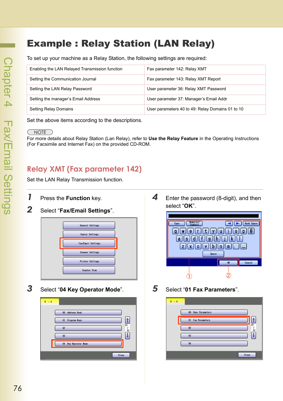 Example : relay station (lan relay), Relay xmt (fax parameter 142), Chapter 4 fax/email settings | Panasonic DP-C213 User Manual | Page 76 / 100