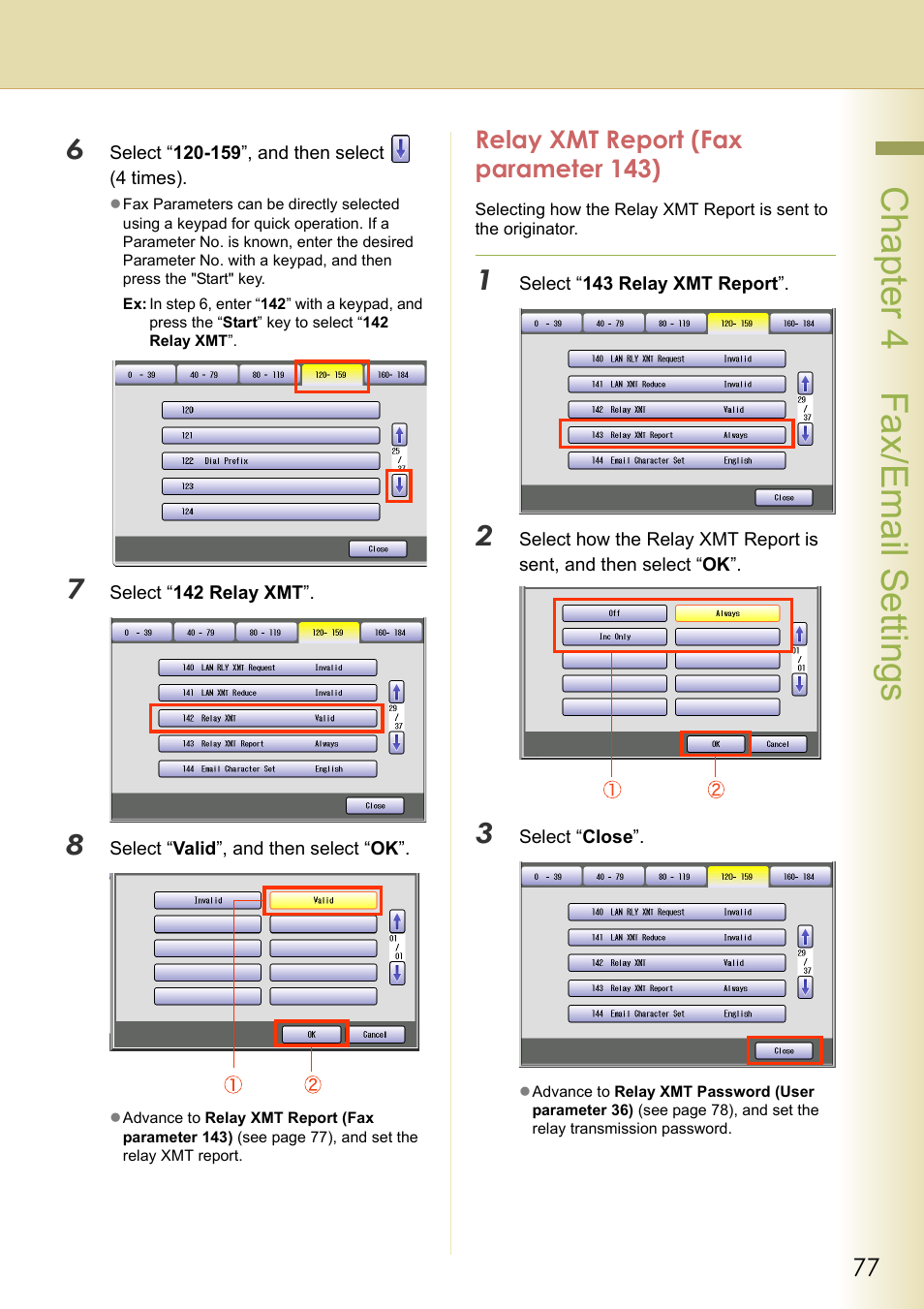 Relay xmt report (fax parameter 143), Chapter 4 fax/email settings | Panasonic DP-C213 User Manual | Page 77 / 100