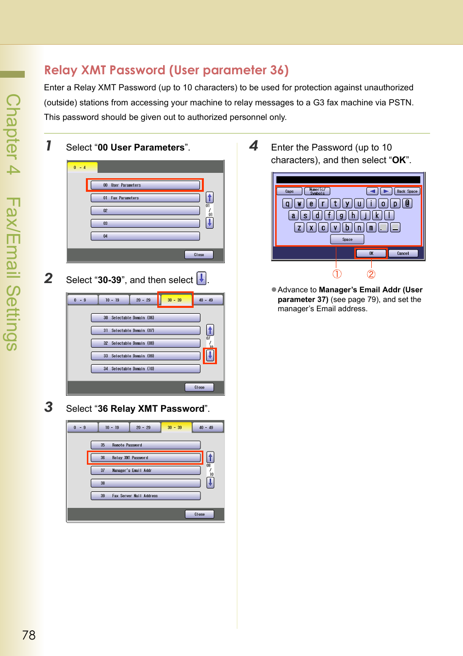Relay xmt password (user parameter 36), Chapter 4 fax/email settings | Panasonic DP-C213 User Manual | Page 78 / 100