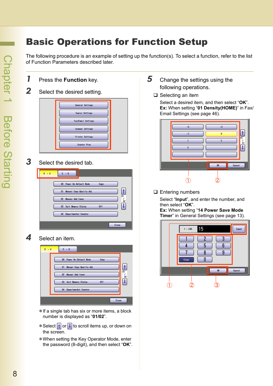Basic operations for function setup, Cha pter 1 before star ting | Panasonic DP-C213 User Manual | Page 8 / 100