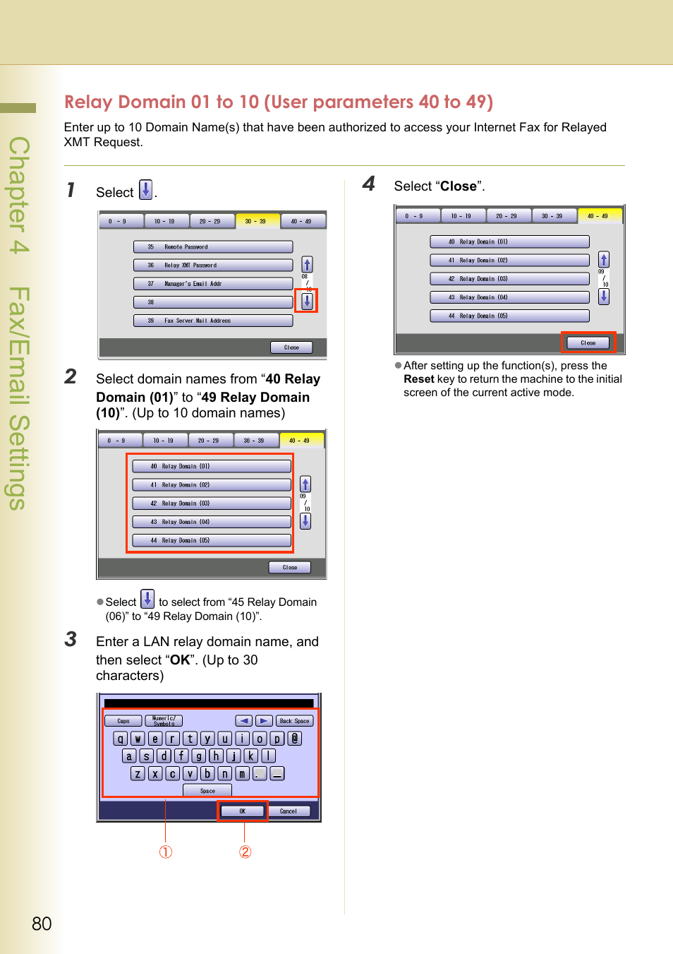 Relay domain 01 to 10 (user parameters 40 to 49), Chapter 4 fax/email settings | Panasonic DP-C213 User Manual | Page 80 / 100