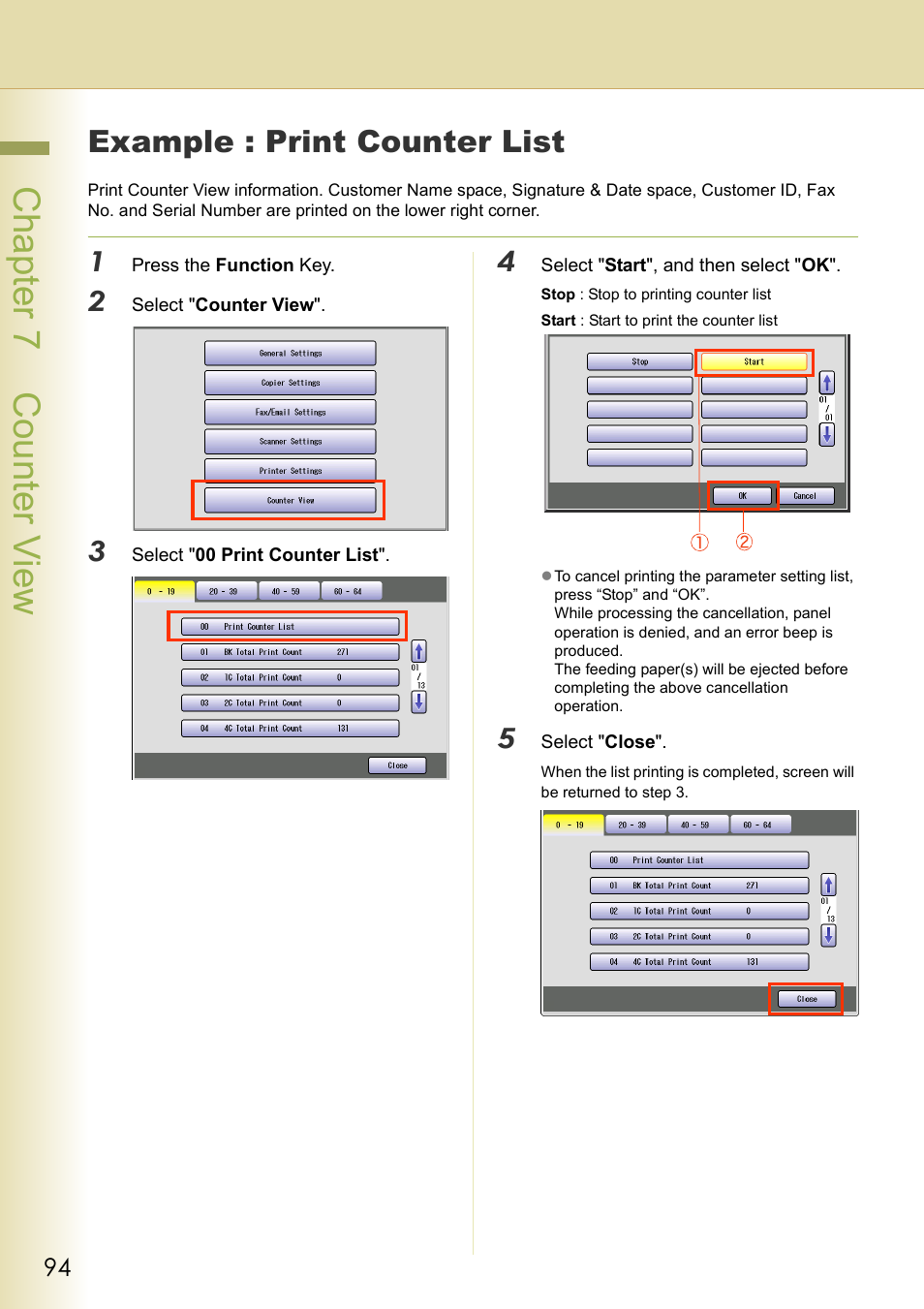 Example : print counter list, Cha pter 7 cou nter view | Panasonic DP-C213 User Manual | Page 94 / 100