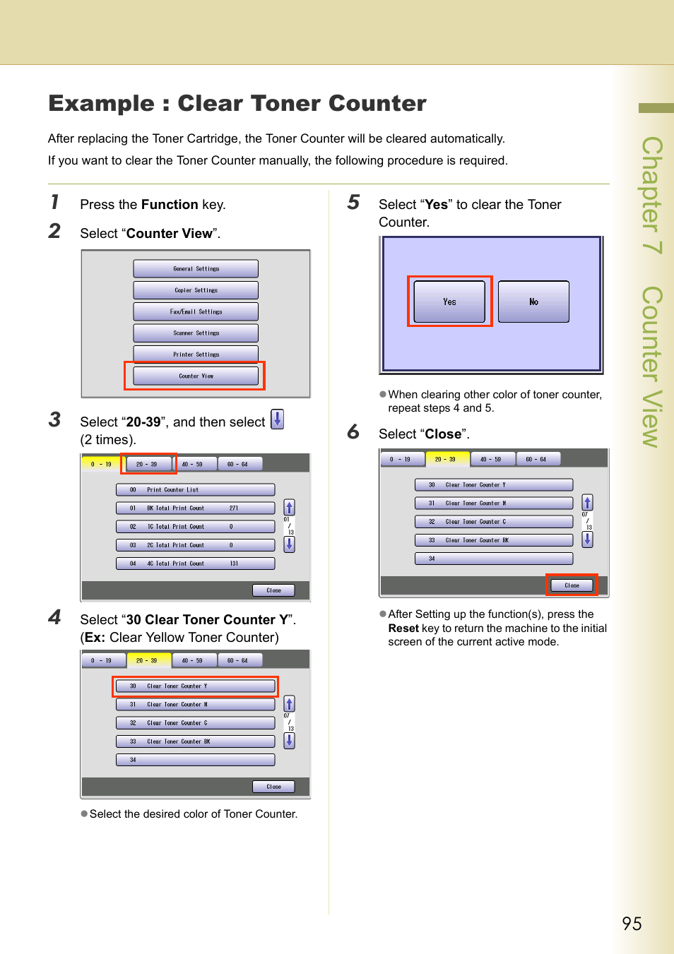 Example : clear toner counter, Cha pter 7 cou nter view | Panasonic DP-C213 User Manual | Page 95 / 100