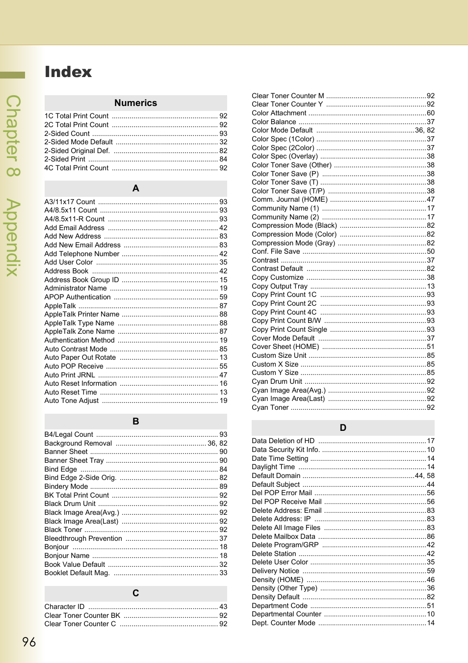 Appendix, Index, Chapter 8 appendix | Panasonic DP-C213 User Manual | Page 96 / 100