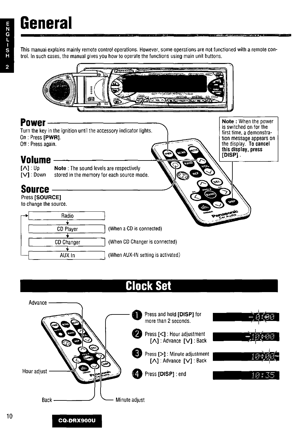 General, Power, Volume | Source, Clock set | Panasonic CQDRX900U User Manual | Page 10 / 124