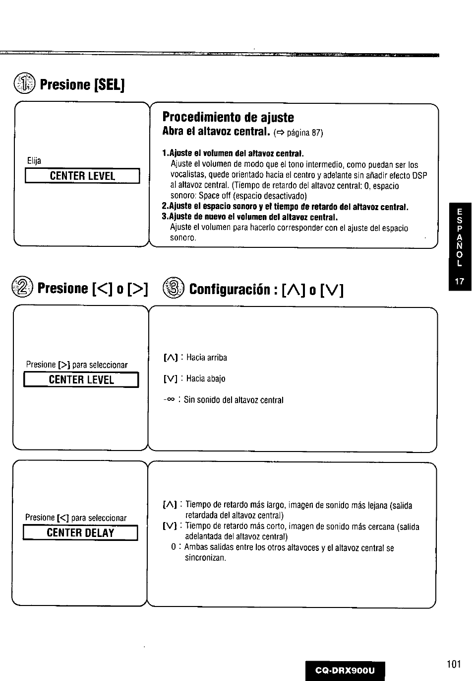 Center delay, Presione [sel | Panasonic CQDRX900U User Manual | Page 101 / 124