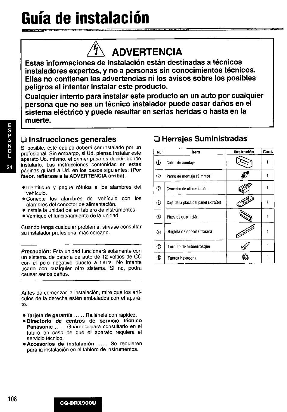 Guía de instalación, Advertencia, Herrajes suministradas | Panasonic CQDRX900U User Manual | Page 108 / 124