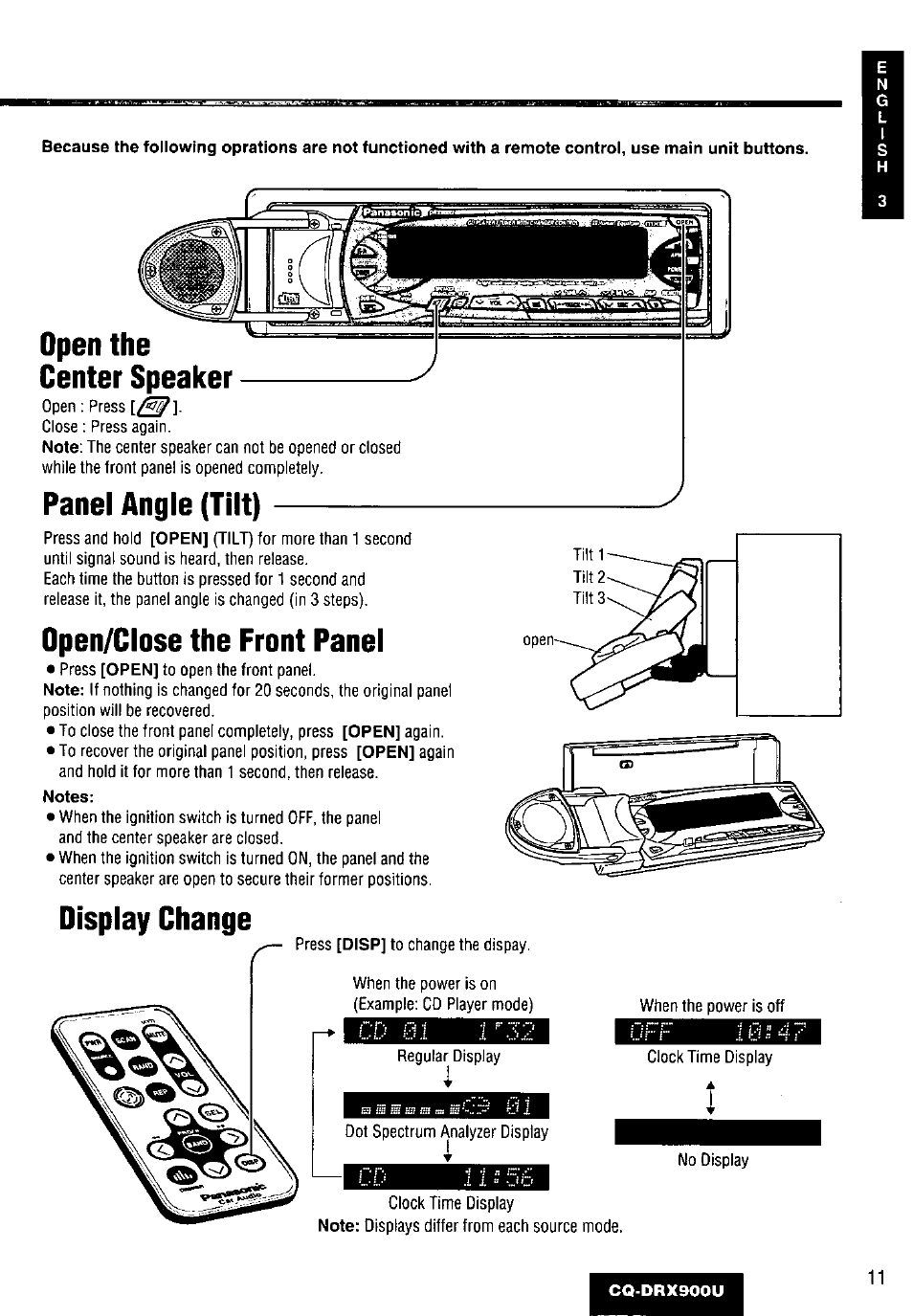 Open the center speaker, Panel angle (tilt), Open/close the front panel | Display change | Panasonic CQDRX900U User Manual | Page 11 / 124