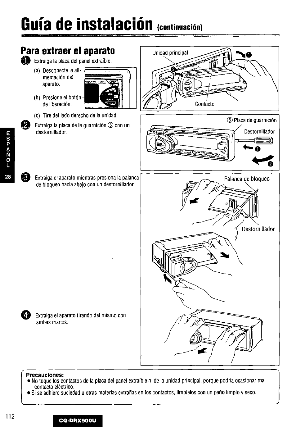 Para extraer el aparato, Guía de i | Panasonic CQDRX900U User Manual | Page 112 / 124