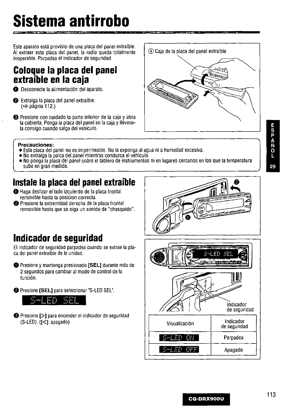 Sistema antirrobo, Coloque la placa del panel extraíble en la caja, Instale la placa del panel extraíble | Indicador de seguridad | Panasonic CQDRX900U User Manual | Page 113 / 124