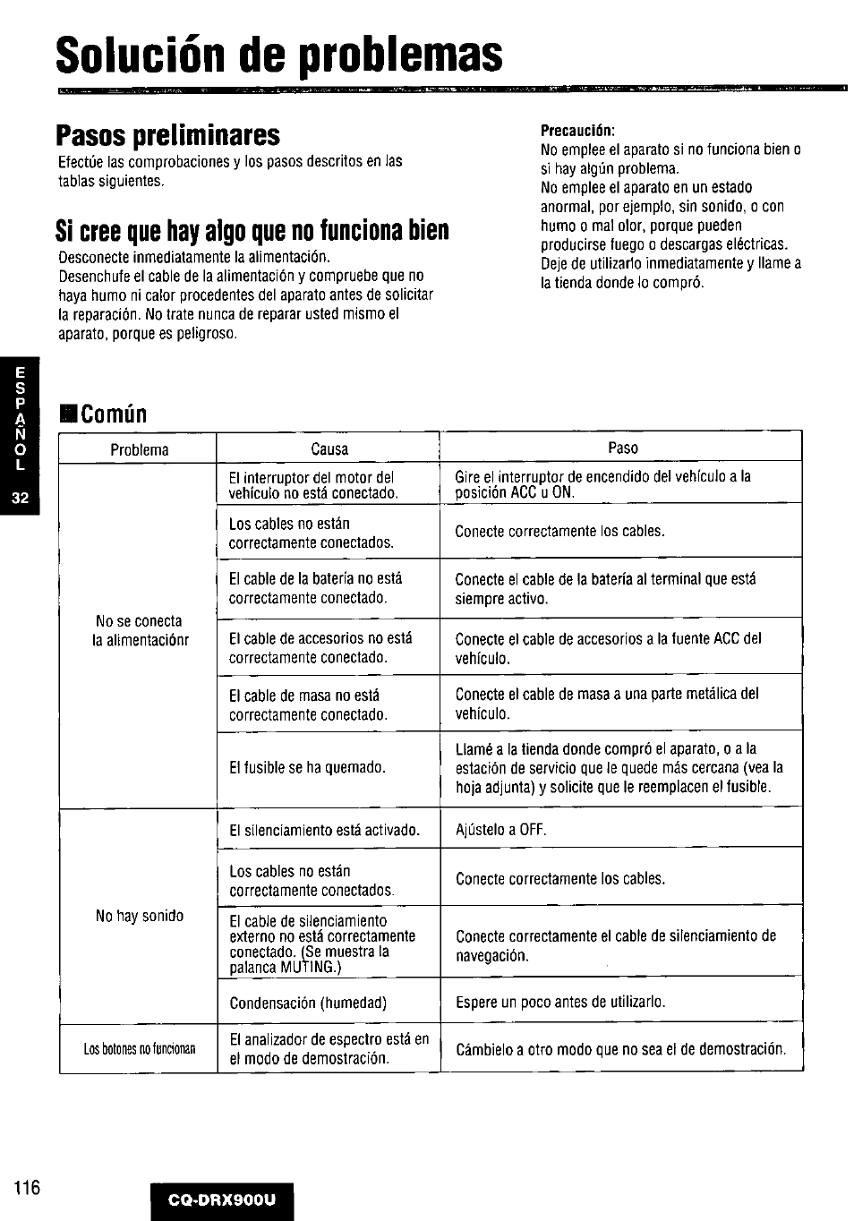 Pasos preliminares, Si cree que hay algo que no funciona bien, Solución de problemas | Común | Panasonic CQDRX900U User Manual | Page 116 / 124