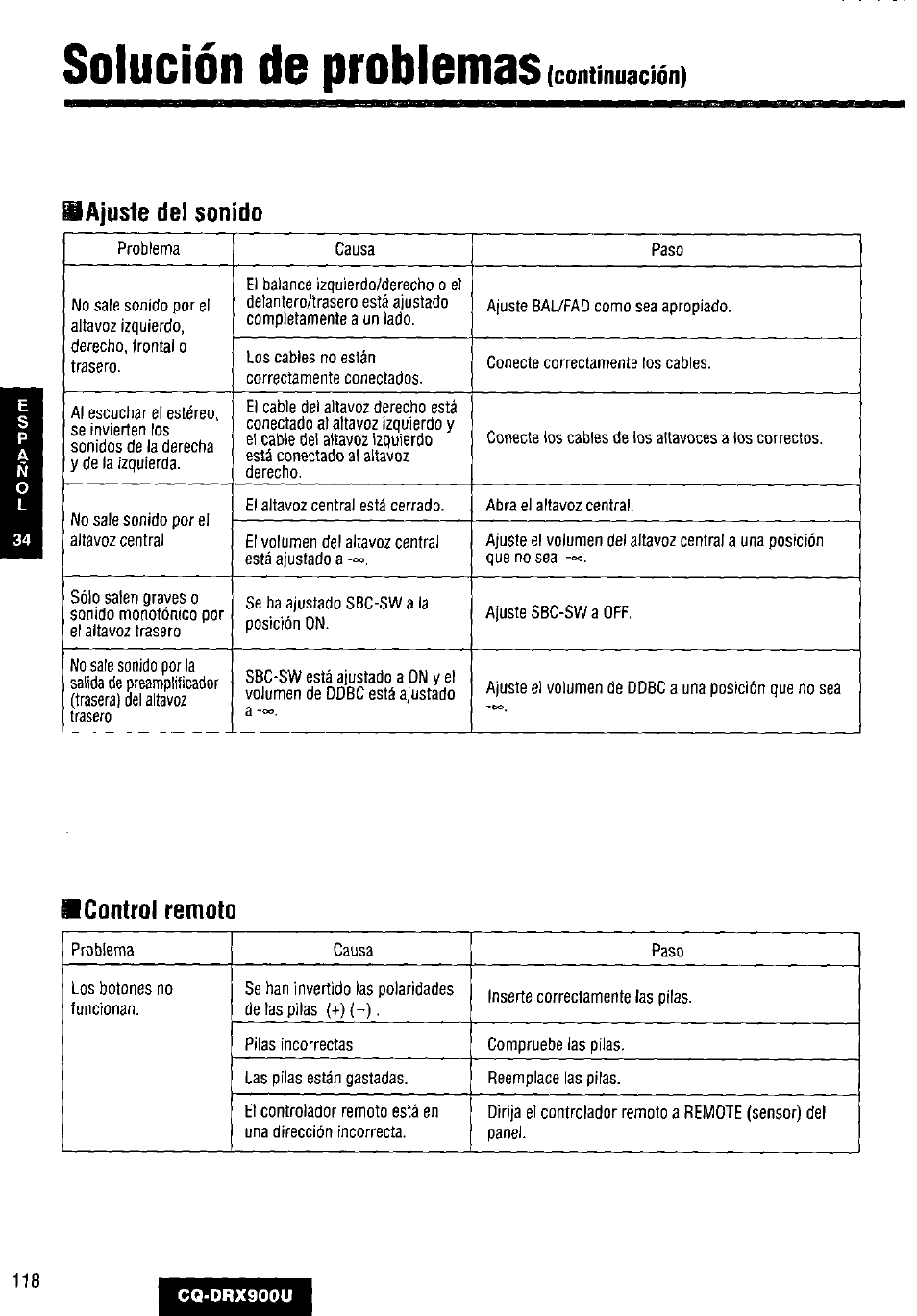 Solución de problemas, Sajuste dei sonido, Icontroi remoto | Continuación) | Panasonic CQDRX900U User Manual | Page 118 / 124