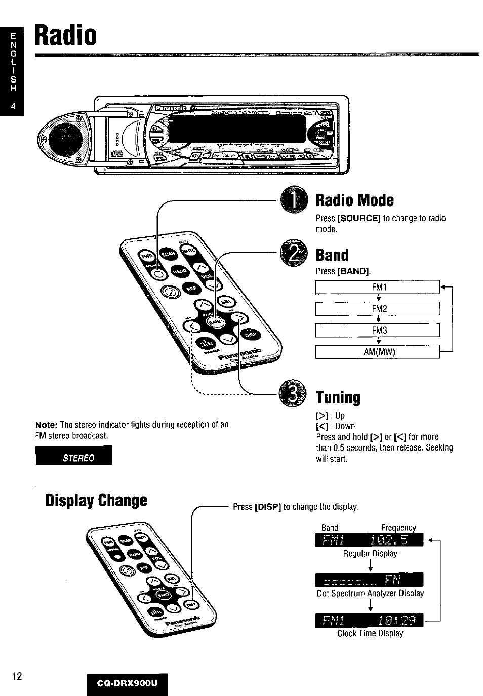 Radio, Tuning, Display change | Radio mode, Band | Panasonic CQDRX900U User Manual | Page 12 / 124