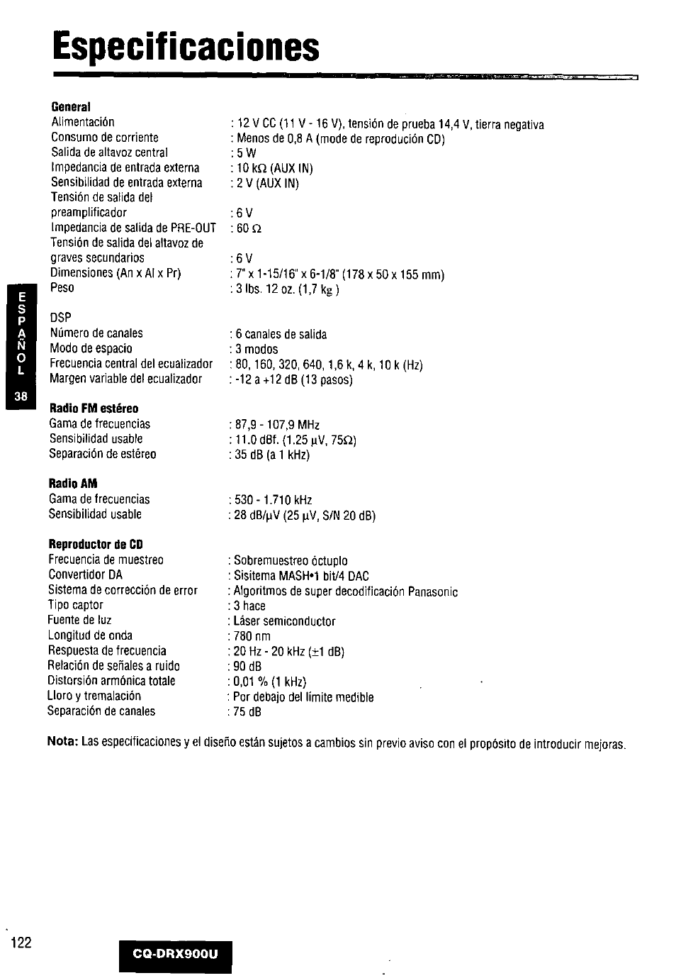 Especificaciones | Panasonic CQDRX900U User Manual | Page 122 / 124