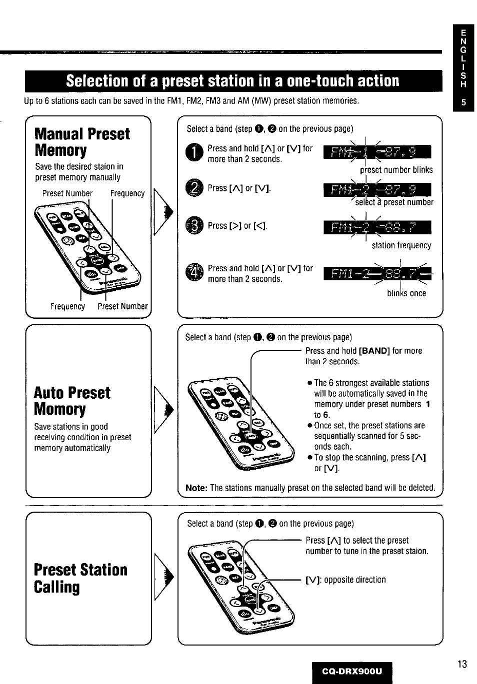 Auto preset memory, Preset station calling, V____________________ j | Panasonic CQDRX900U User Manual | Page 13 / 124