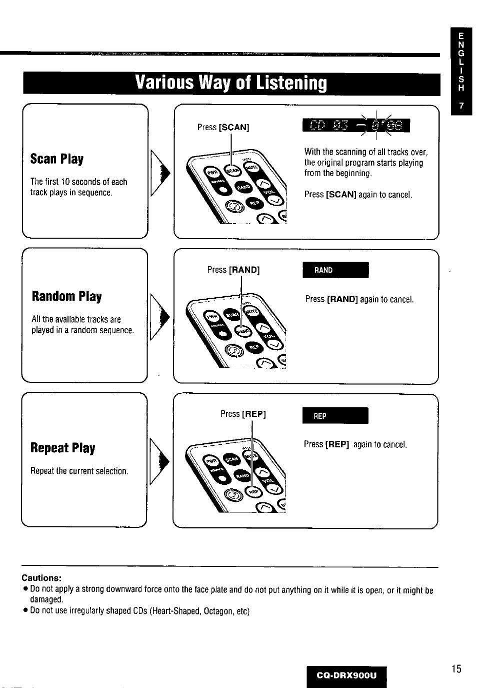 Various way of listening, Scan play, Random play | Repeat play | Panasonic CQDRX900U User Manual | Page 15 / 124