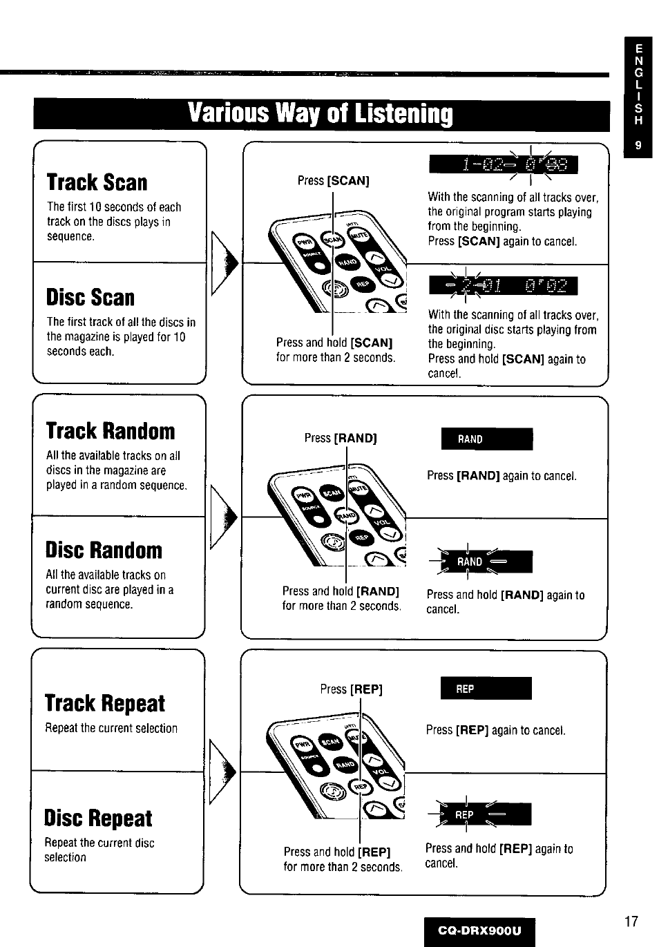 Track scan, Disc scan, Track random | Disc random, Track repeat, Disc repeat, Various way of listening | Panasonic CQDRX900U User Manual | Page 17 / 124