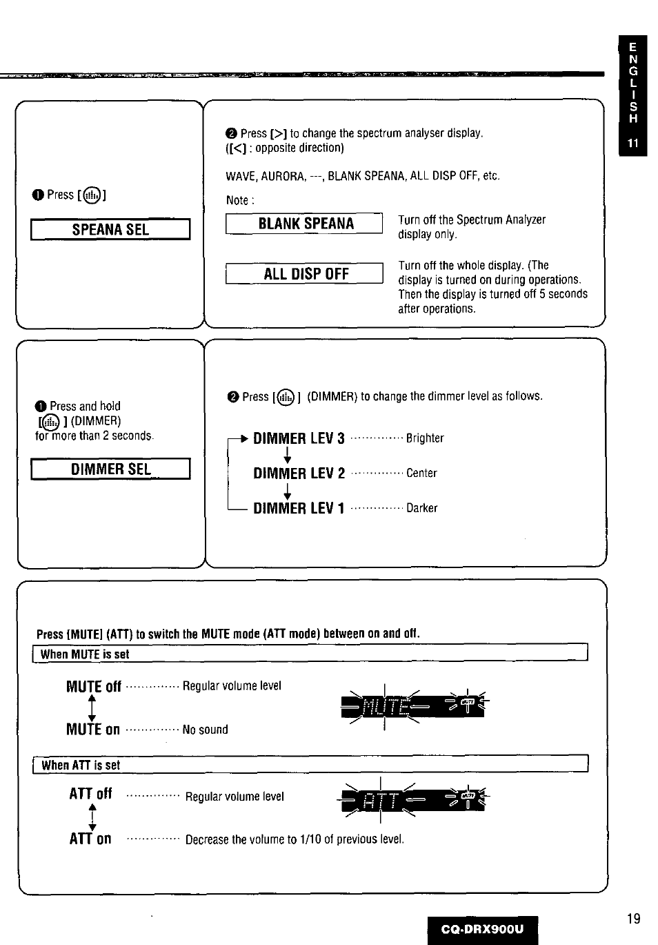Speana sel, Dimivier sel, Blank speana | All disp off, Dimmer levs, Dimmer lev 2, Dimmer lev1, Blank speana all disp off, Mute off, Mute on | Panasonic CQDRX900U User Manual | Page 19 / 124