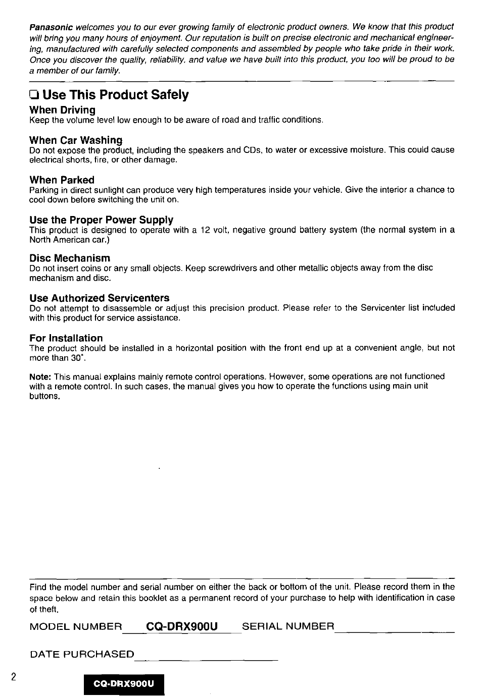 When driving, When car washing, When parked | Use the proper power supply, Disc mechanism, Use authorized servicenters, For installation, Use this product safely, Cq-drx900u | Panasonic CQDRX900U User Manual | Page 2 / 124