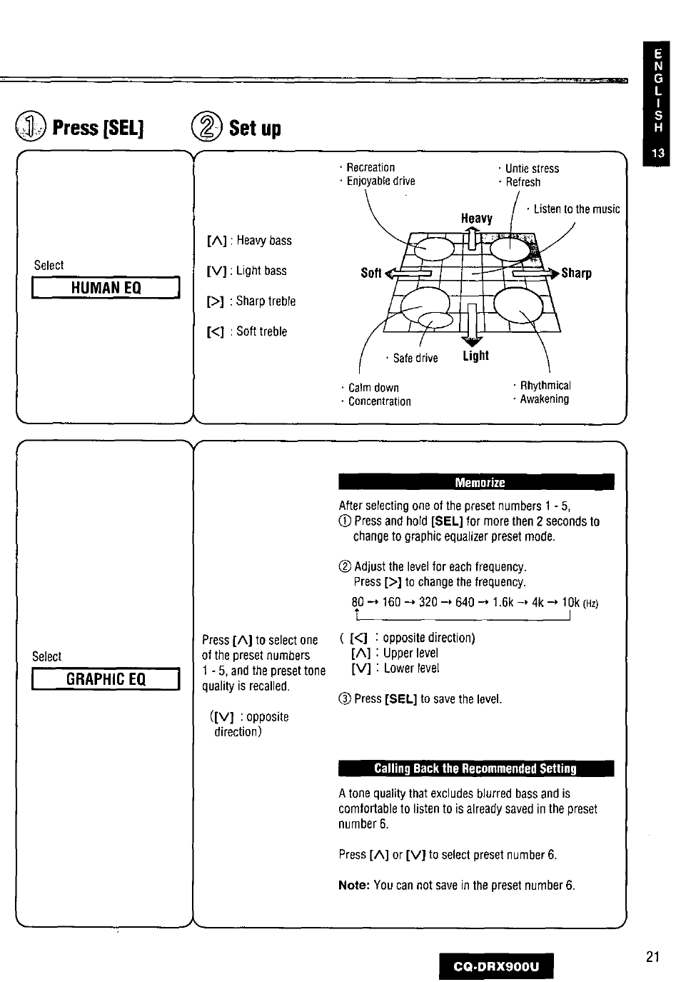 Graphic eq, Press [sel, Set up | Panasonic CQDRX900U User Manual | Page 21 / 124