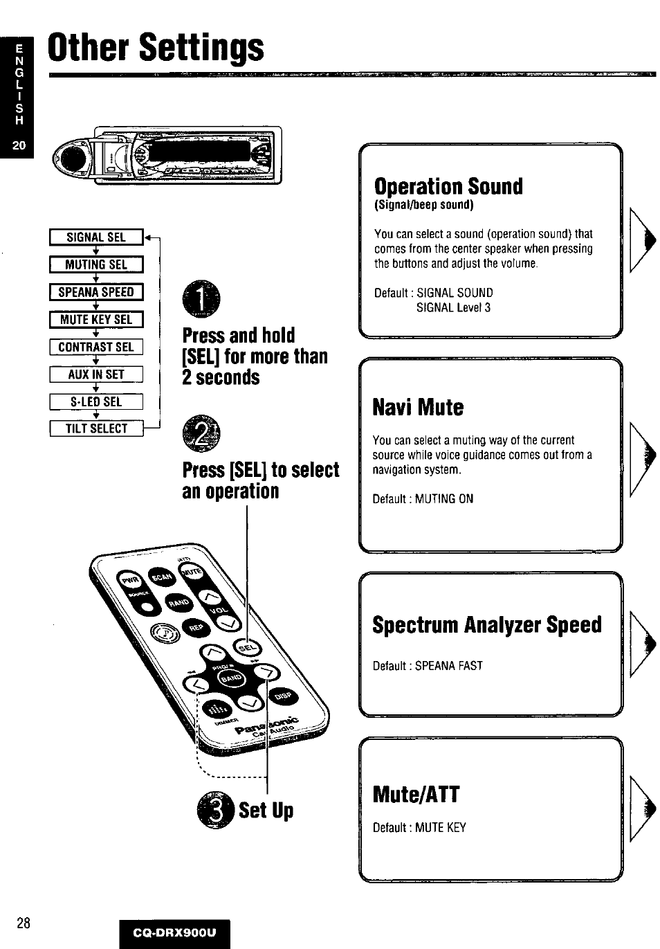 Other settings, Press and hold [sel] for more than 2 seconds, Press [sel] to select an operation | Operation sound, Spectrum analyzer speed, Mute/att | Panasonic CQDRX900U User Manual | Page 28 / 124