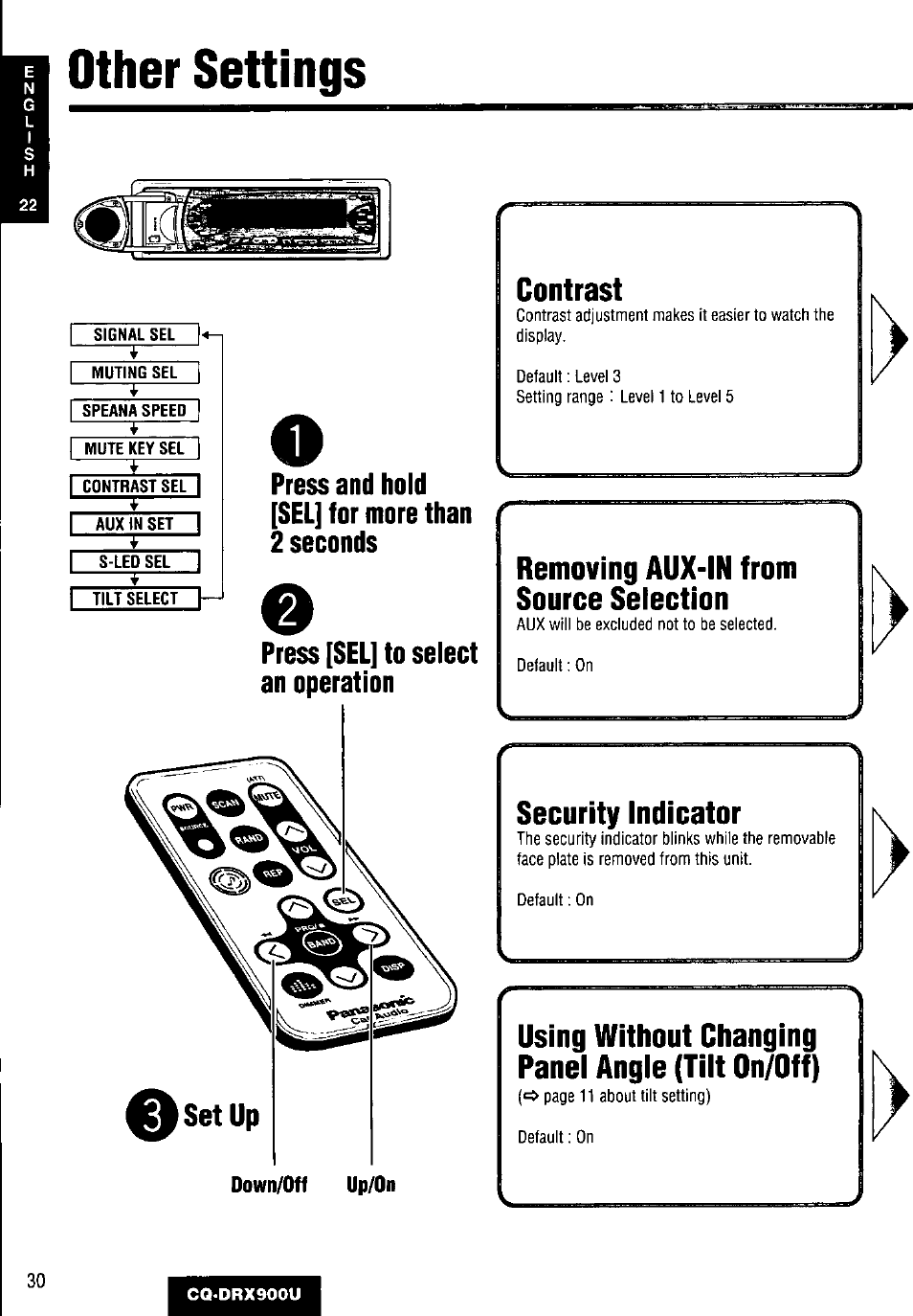 Other settings, Down/off up/on | Panasonic CQDRX900U User Manual | Page 30 / 124
