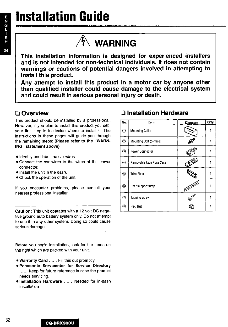 Warning, Installation guide, Installation hardware | Panasonic CQDRX900U User Manual | Page 32 / 124