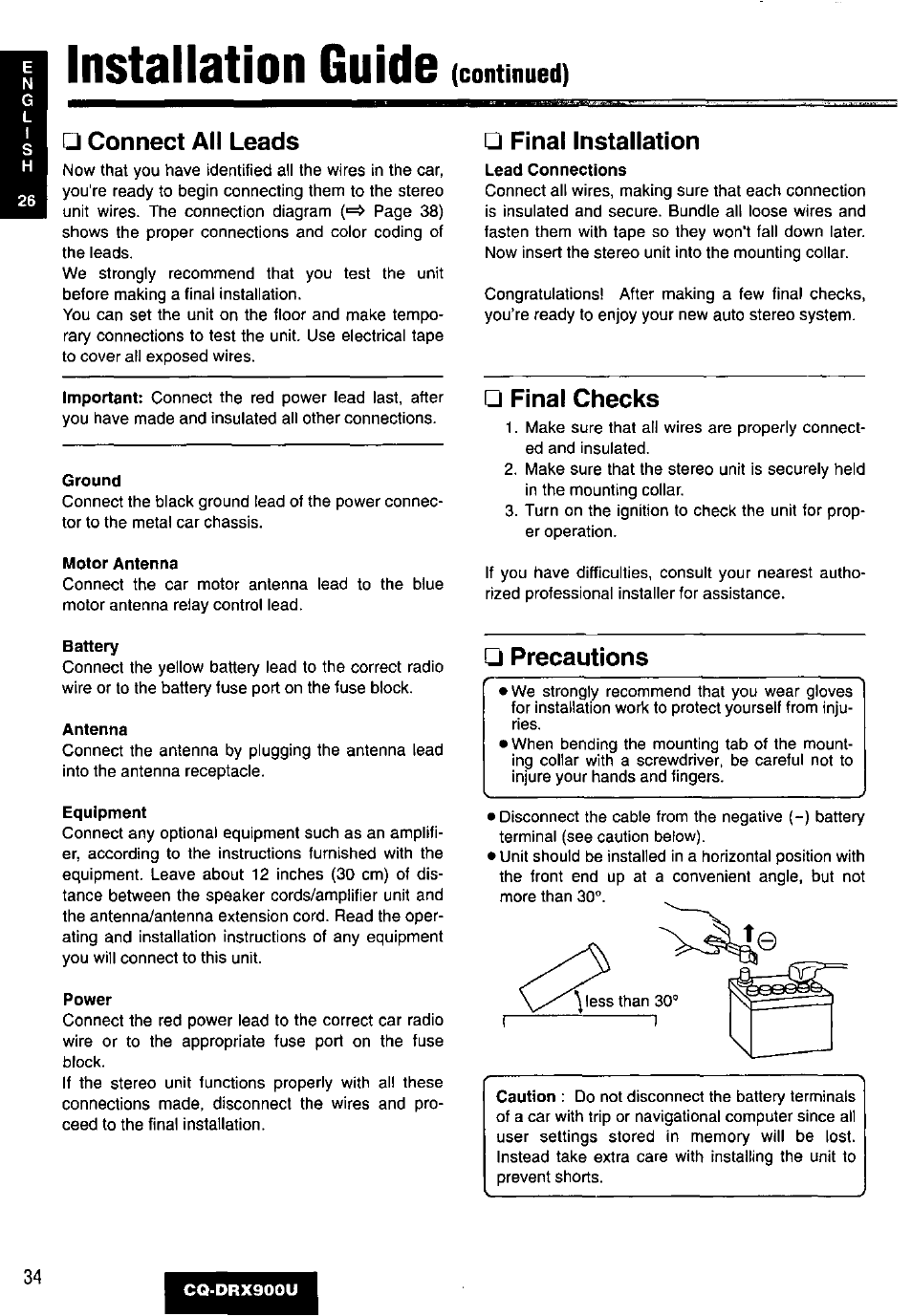 Installation guide, Continued) □ connect all leads, Final installation | Final checks, Precautions | Panasonic CQDRX900U User Manual | Page 34 / 124