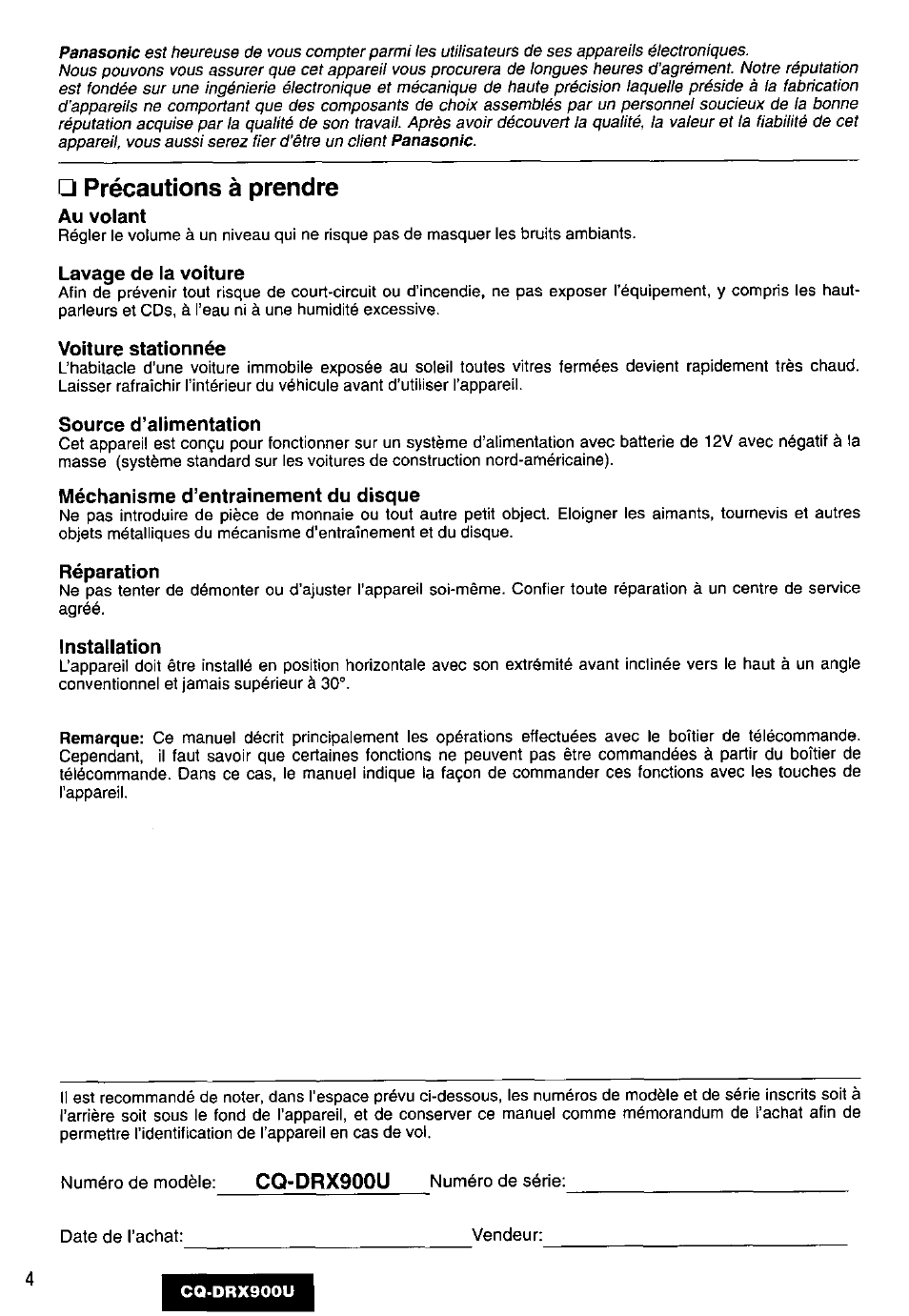 Au volant, Lavage de la voiture, Voiture stationnée | Source d’alimentation, Méchanisme d’entrainement du disque, Réparation, Installation, Précautions à prendre, Cq-drx900u | Panasonic CQDRX900U User Manual | Page 4 / 124