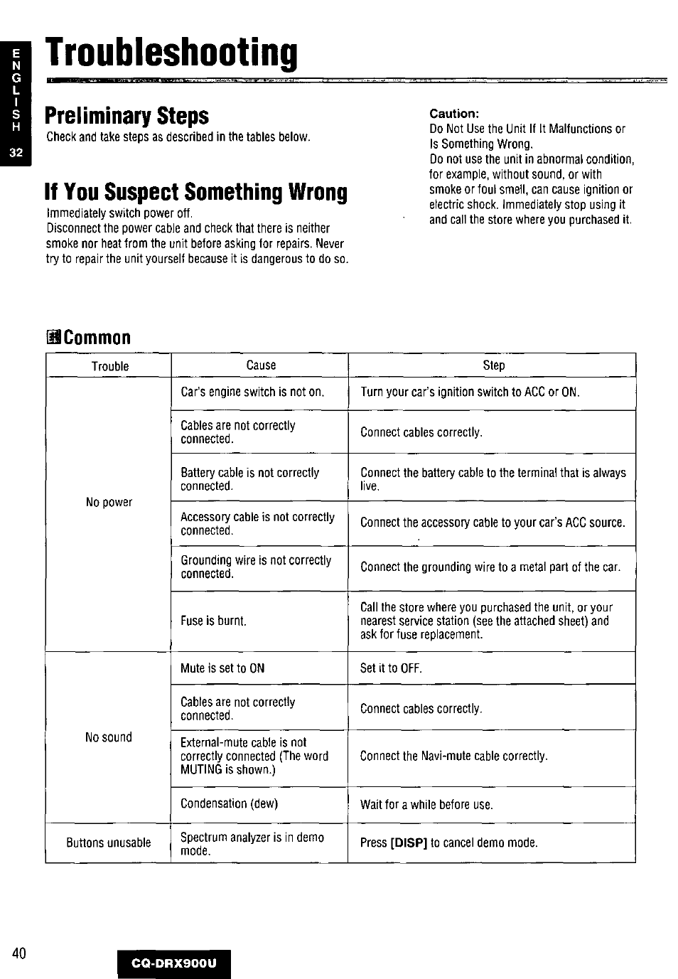 Preliminary steps, If you suspect something wrong, Troubleshooting | Common | Panasonic CQDRX900U User Manual | Page 40 / 124