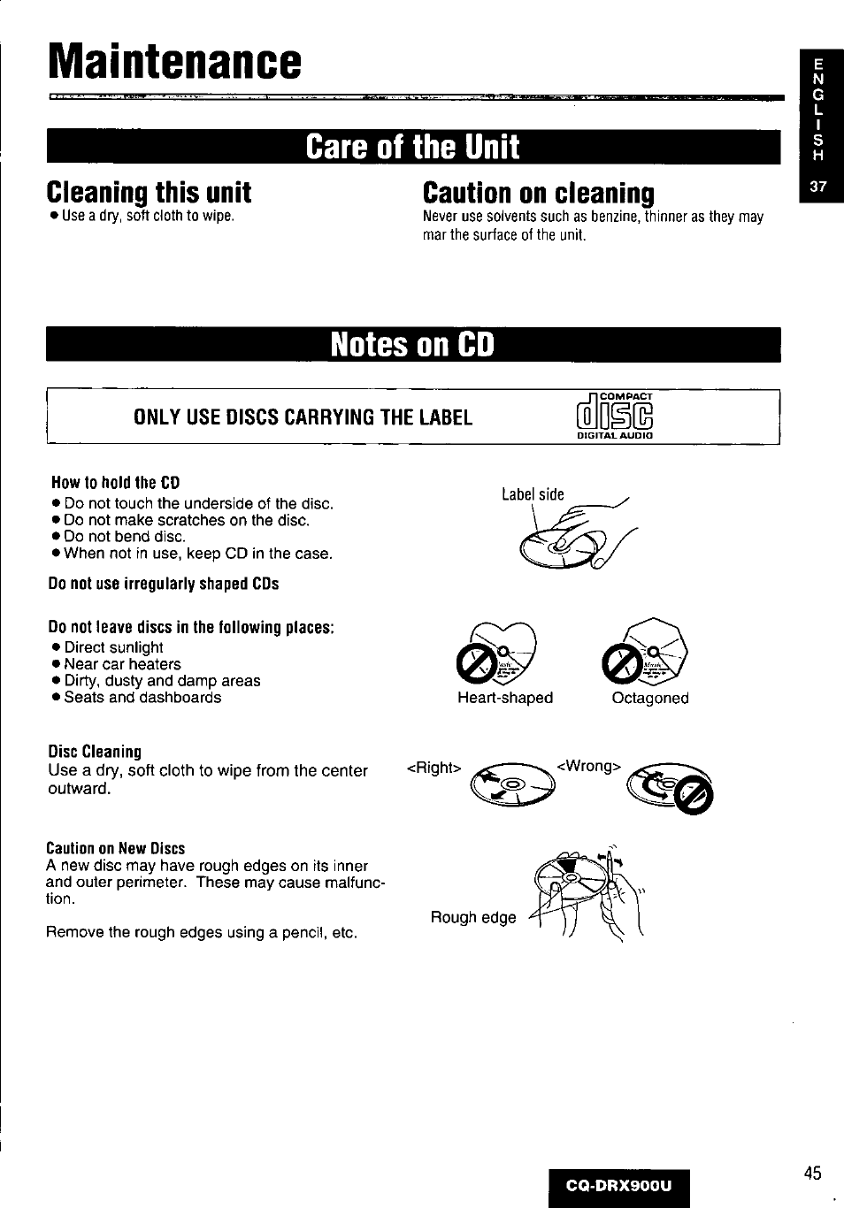 Maintenance, Caution on cieaning, Only use discs carrying the label | Oloii, Care of the unit, Cleaning this unit | Panasonic CQDRX900U User Manual | Page 45 / 124