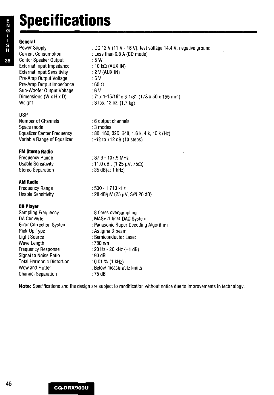 Specifications | Panasonic CQDRX900U User Manual | Page 46 / 124