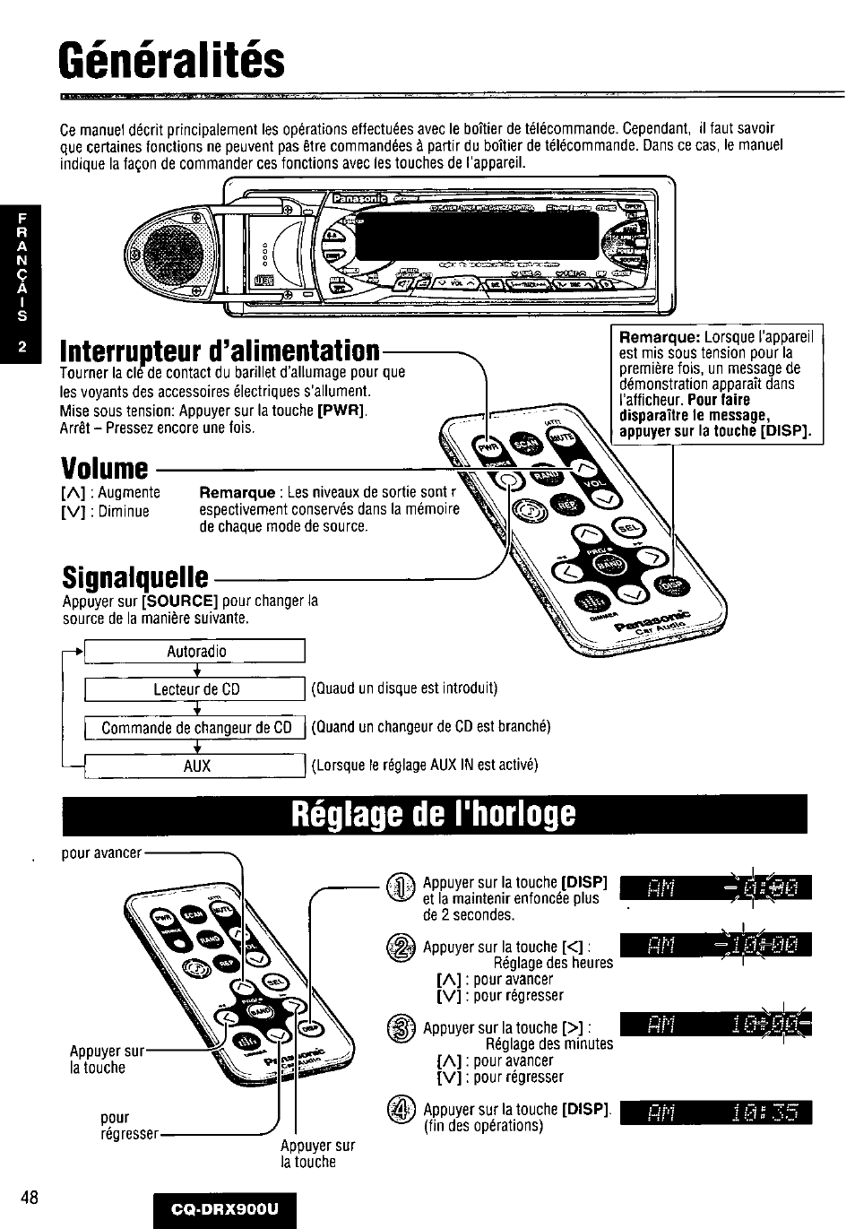 Généralités, Interrupteur d’alimentation, Volume | Signalquelle, Réglage de l'horloge | Panasonic CQDRX900U User Manual | Page 48 / 124