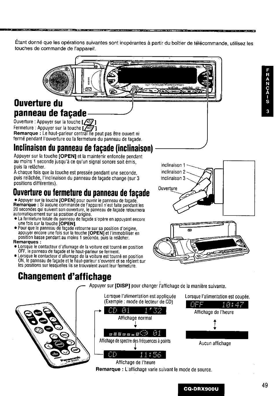 Ouverture du panneau de façade, Inclinaison du panneau de façade (inclinaison), Ouverture ou fermeture du panneau de façade | Changement d’affichage | Panasonic CQDRX900U User Manual | Page 49 / 124