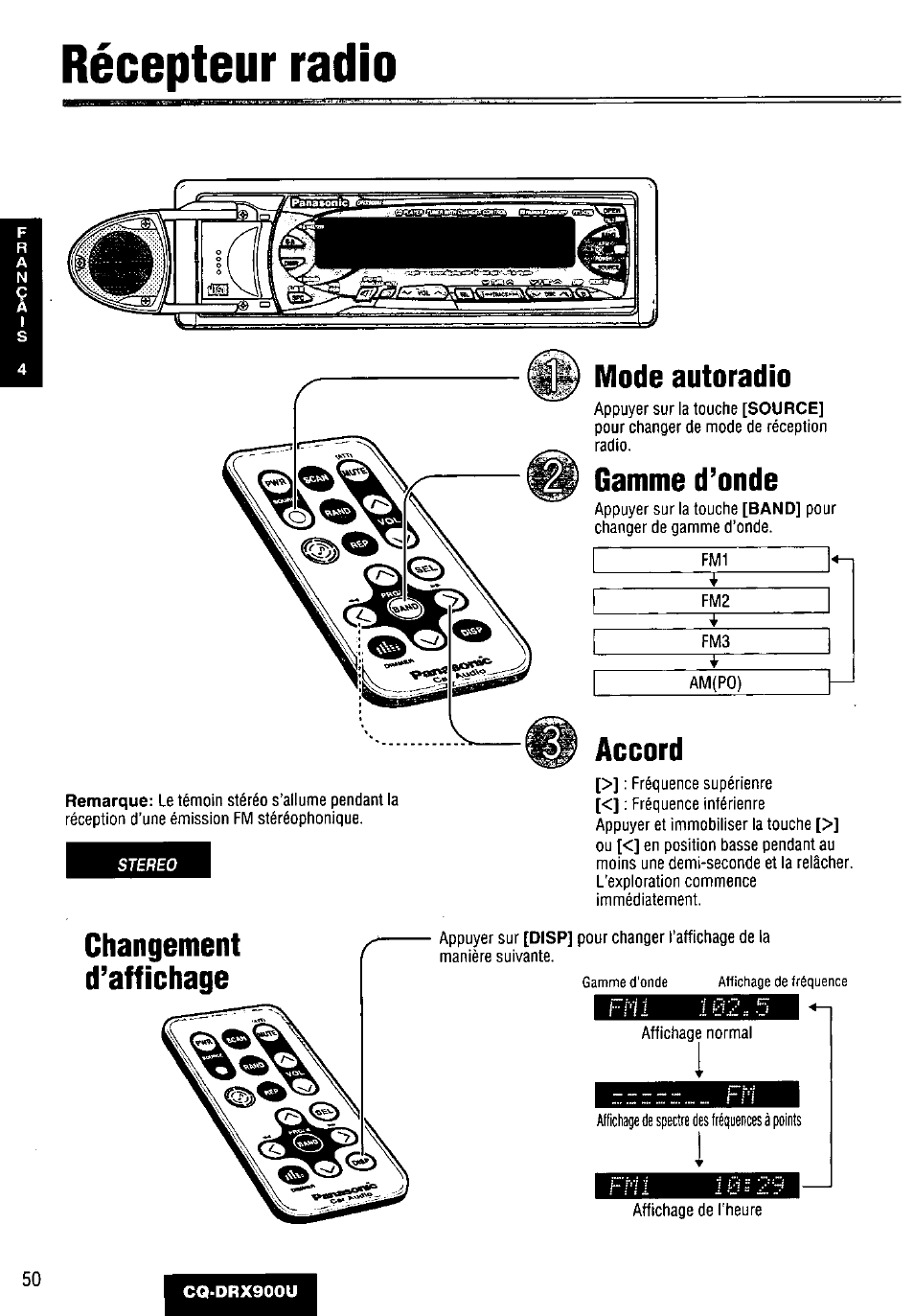 Récepteur radio, Mode autoradio, Gamme d’onde | Changement, D’affichage, Accord, Changement d’affichage accord | Panasonic CQDRX900U User Manual | Page 50 / 124