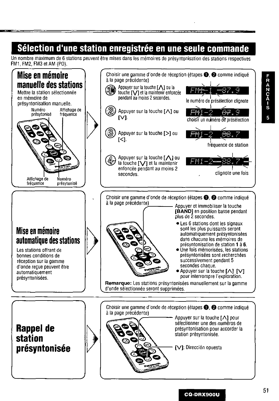 Mise en mémoire manuelle des stations, En mémoire automatique des stations, Rappel de | Station, Présyntonisée, Rappel de station présyntonisée | Panasonic CQDRX900U User Manual | Page 51 / 124